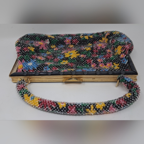 Vintage Beaded Purse Colorful Floral Flowers 80s 90s Hand Bag Satchel - Picture 3 of 11